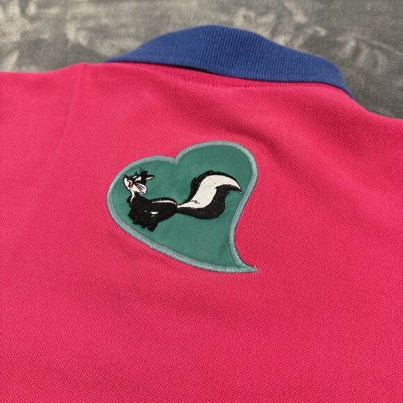 VTG 90s Six Flags Pepe Le Pew Embroidered Polo Shirt Men’s Fuchsia Teal Size L - Picture 5 of 10